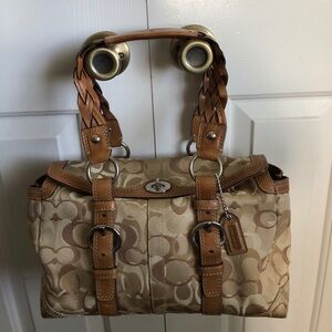 🛍 COACH large brown/ tan leather & khaki purse